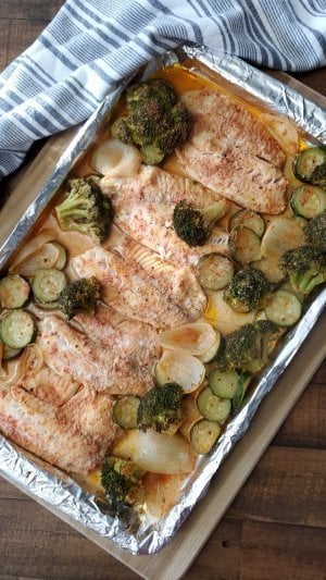 healthy sheet pan tilapia with vegetables