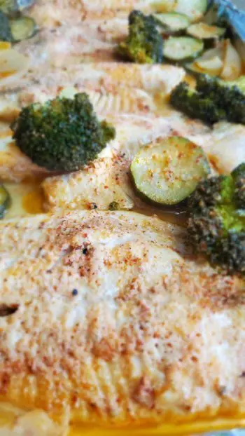 closeup of healthy sheet pan tilapia with vegetables