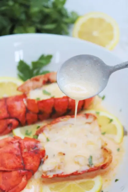 Air Fryer Lobster Tails with Garlic Parmesan White Wine Sauce
