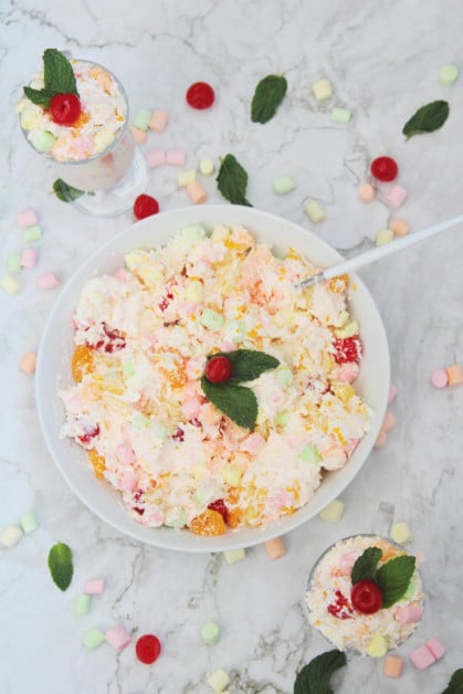 Serving Ambrosia Salad with Marshmallows