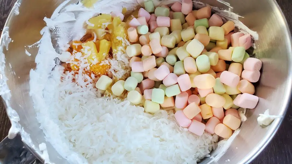 Mixing the Marshmallows, Cool Whip, Cream Cheese and Fruits