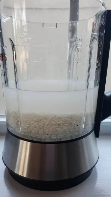 Blending the ingredients for make horchata with strawberries