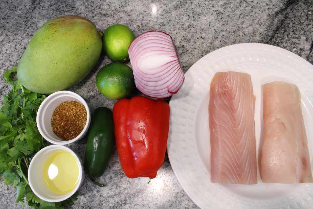 Ingredients used to make the Mahi Mahi and the optional mango salsa.