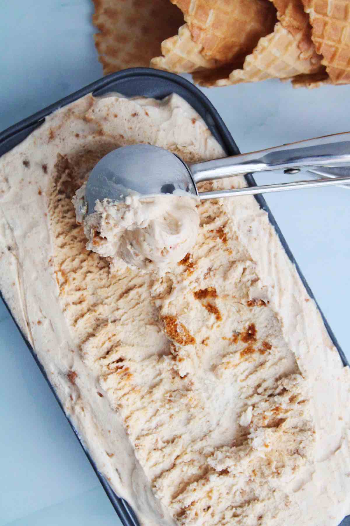 Trader Joe's copycat recipe for no churn cookie butter ice cream.