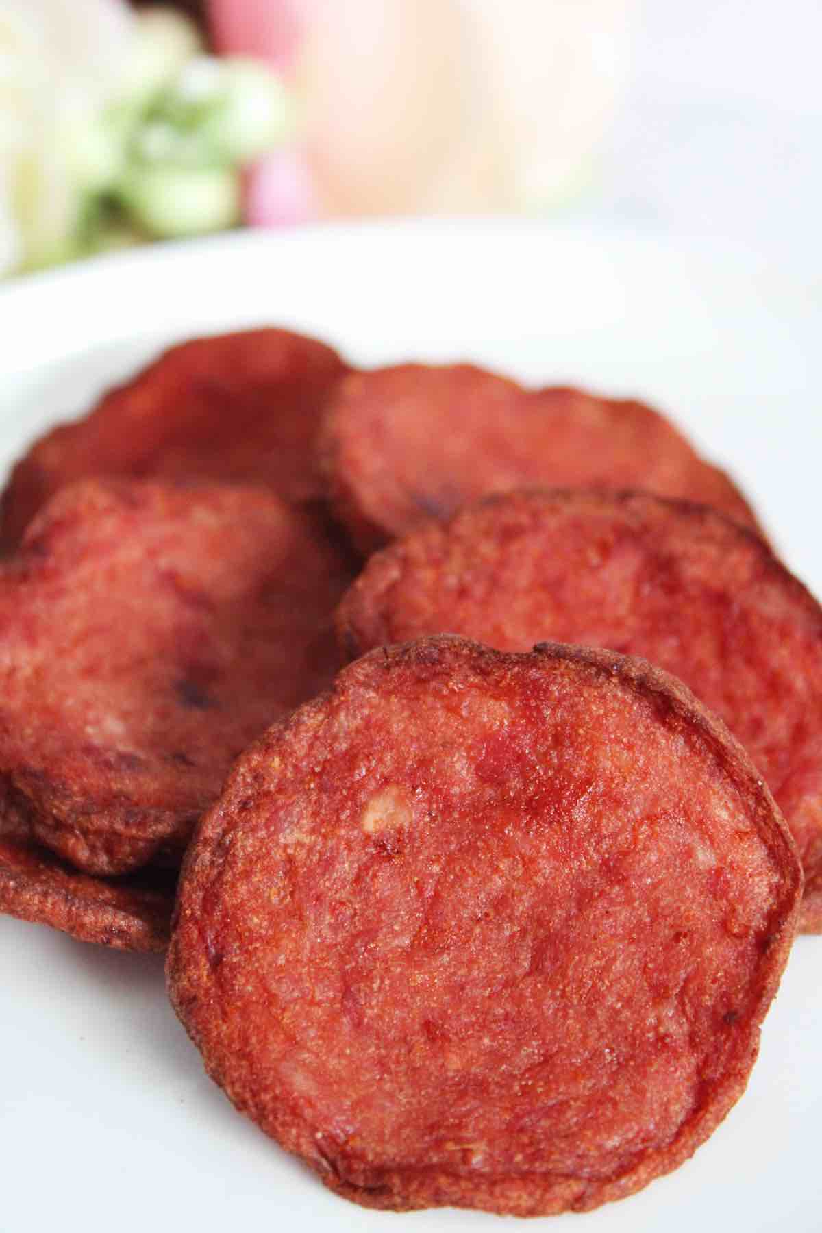 Serve Dominican air fryer salami with mangu, queso frito and a fried egg.