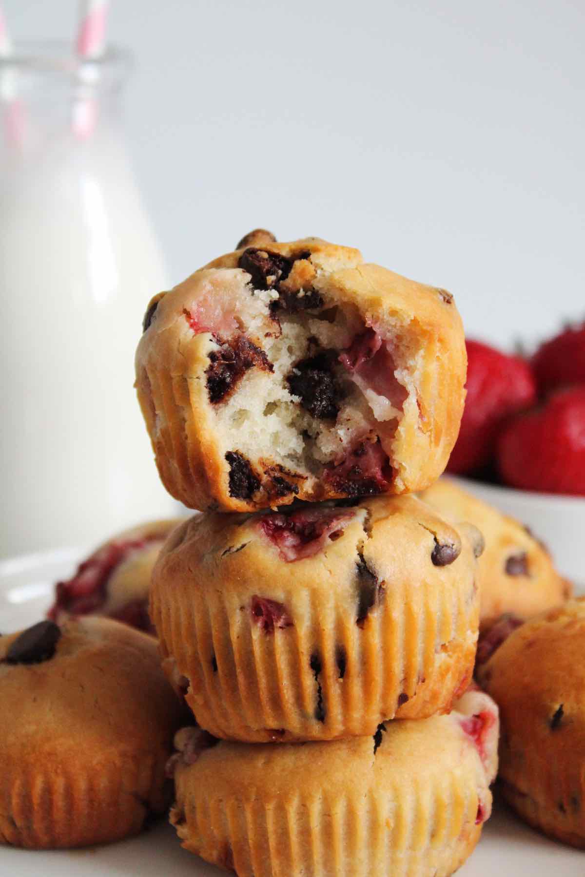 These strawberry chocolate chip muffins are made with fresh strawberries and buttermilk.