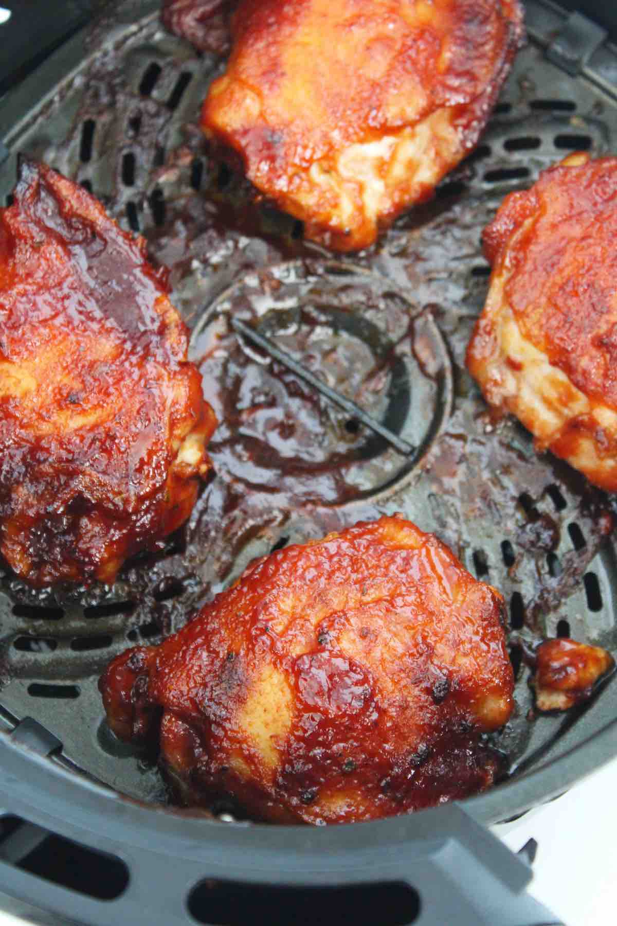 Chicken thighs with lots of bbq sauce made in the air fryer.