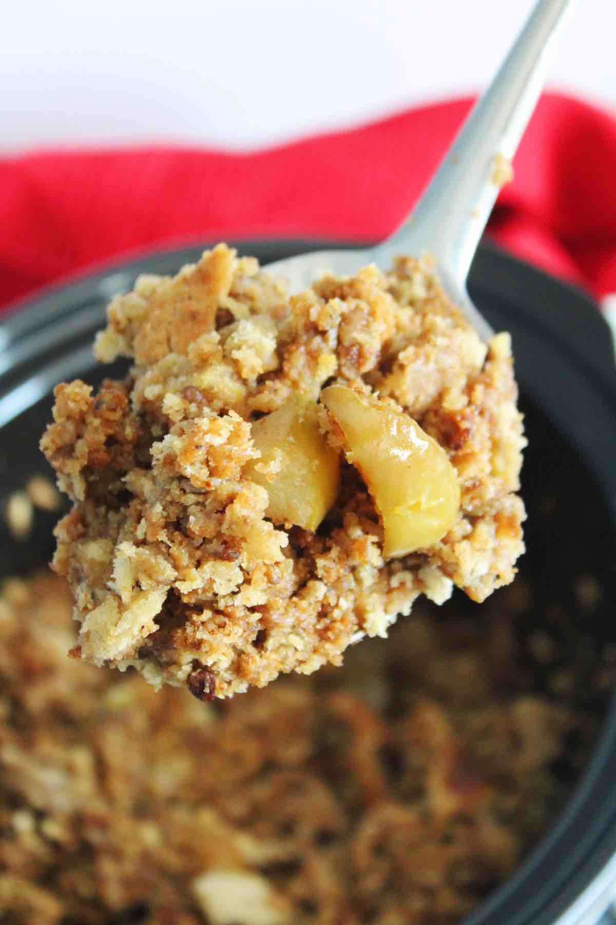 Easy crockpot sausage apple stuffing recipe made with boxed stuffing mix.