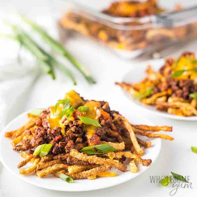 These air fried jicama fries are topped with chili for added flavor.