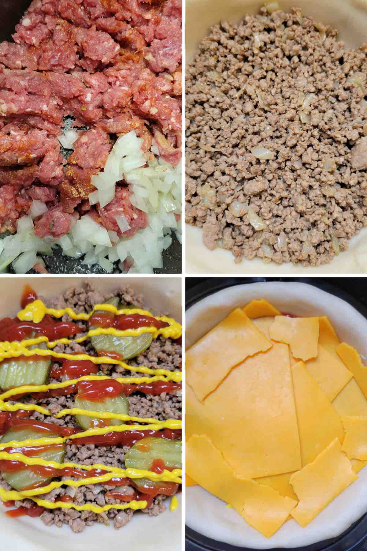 Cook the ground beef first, then transfer to the pie crust and add all of the toppings before air frying as shown in this photo.