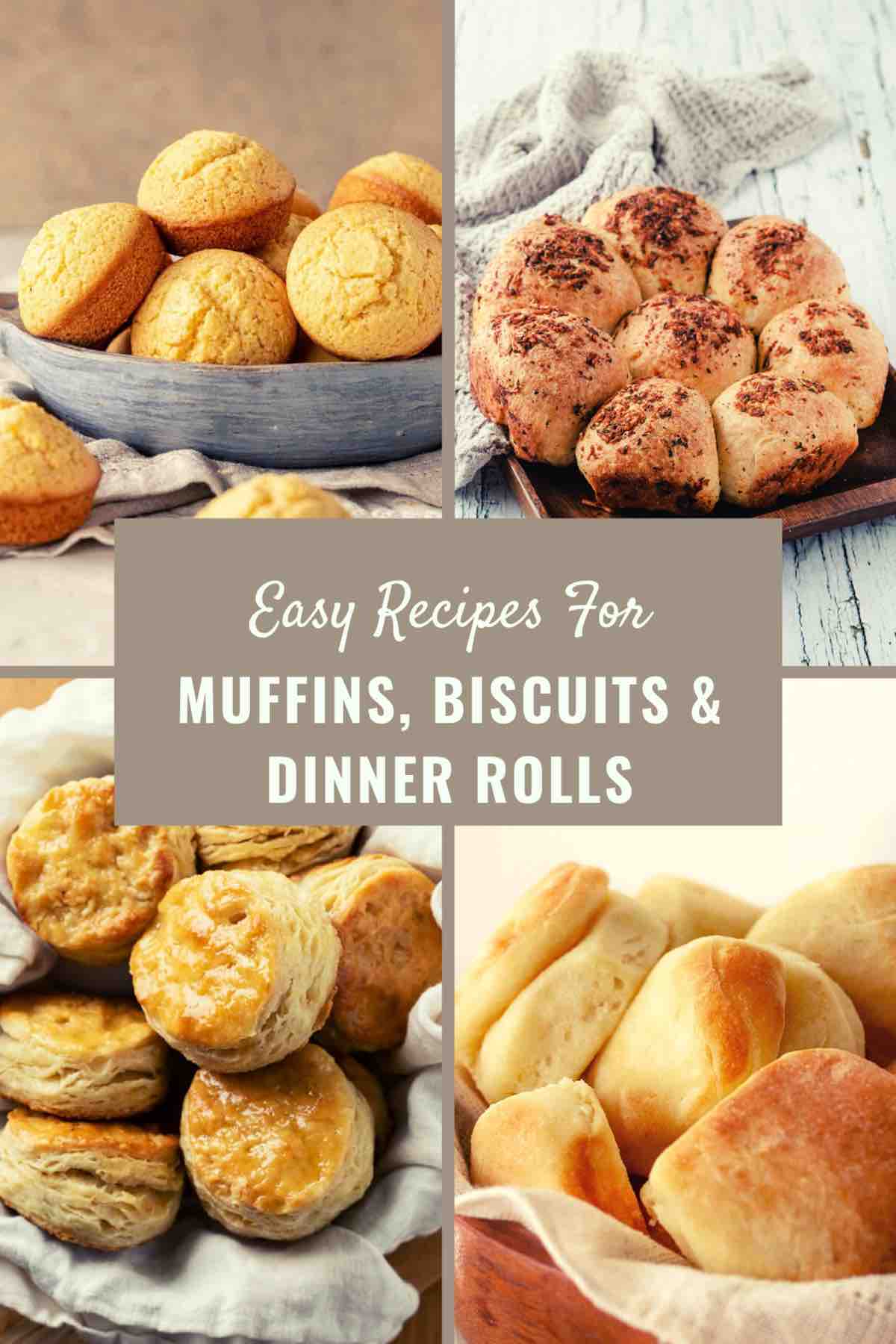 A collection of muffins, biscuits and dinner rolls to serve during Friendsgiving dinner.