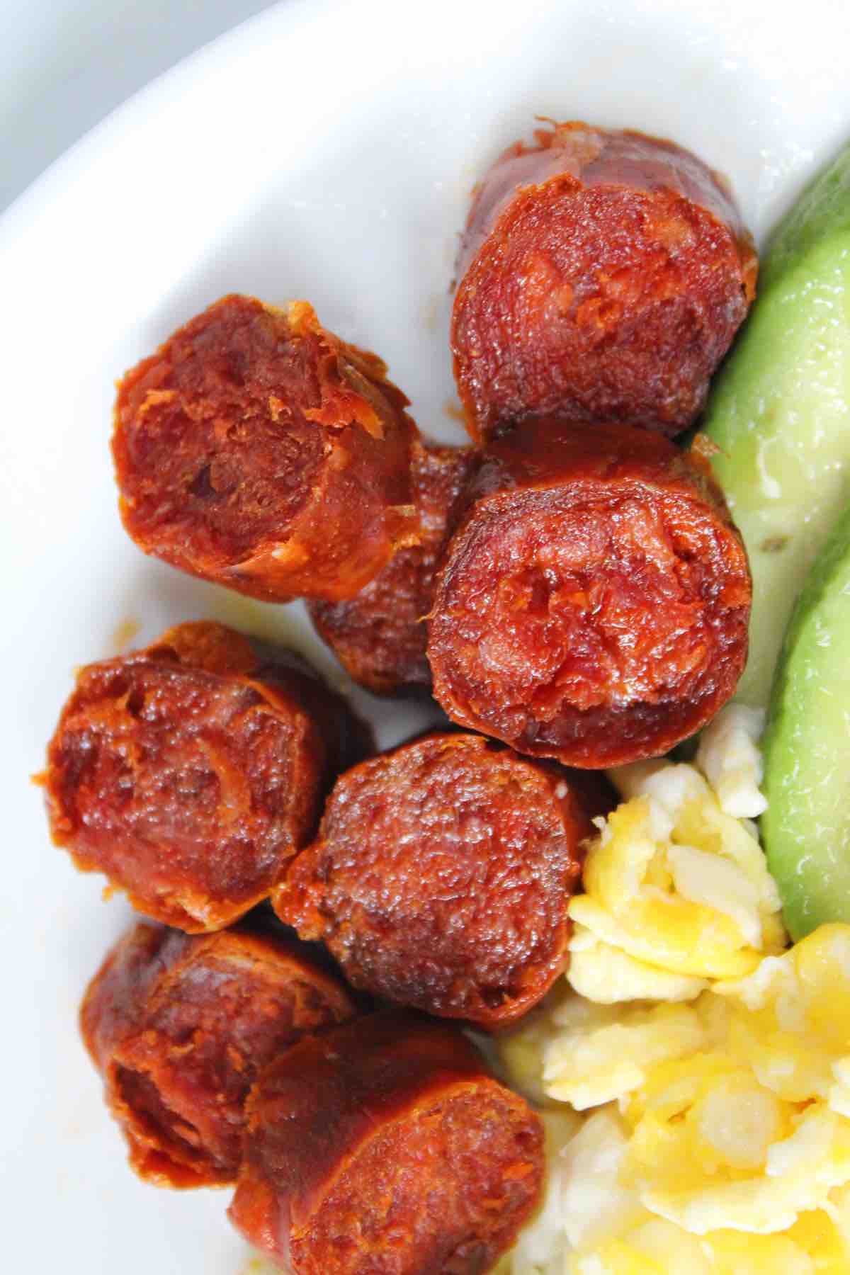 Mexican or Spanish chorizo is perfectly cooked in the air fryer.