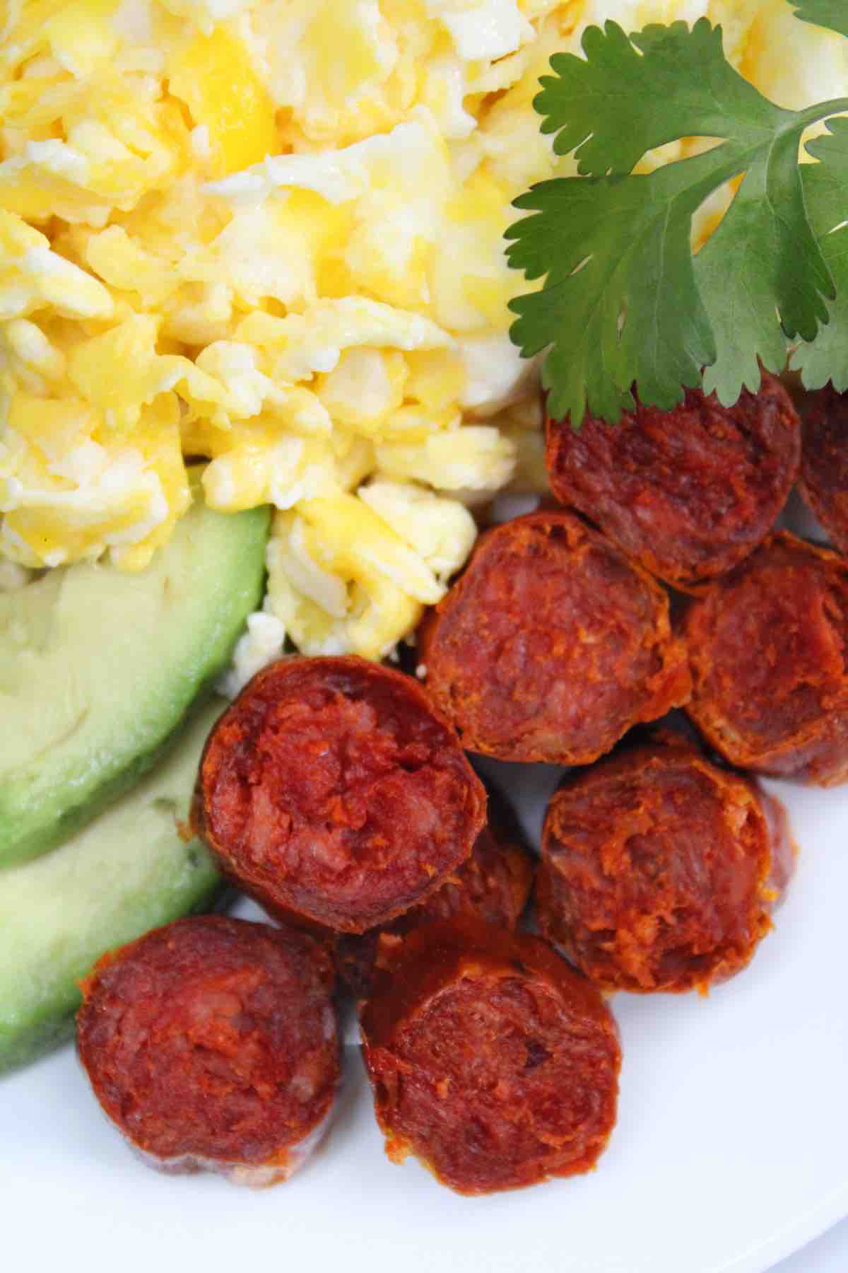 Serve air fryer Mexican or Spanish chorizo with scrambled eggs and avocado.