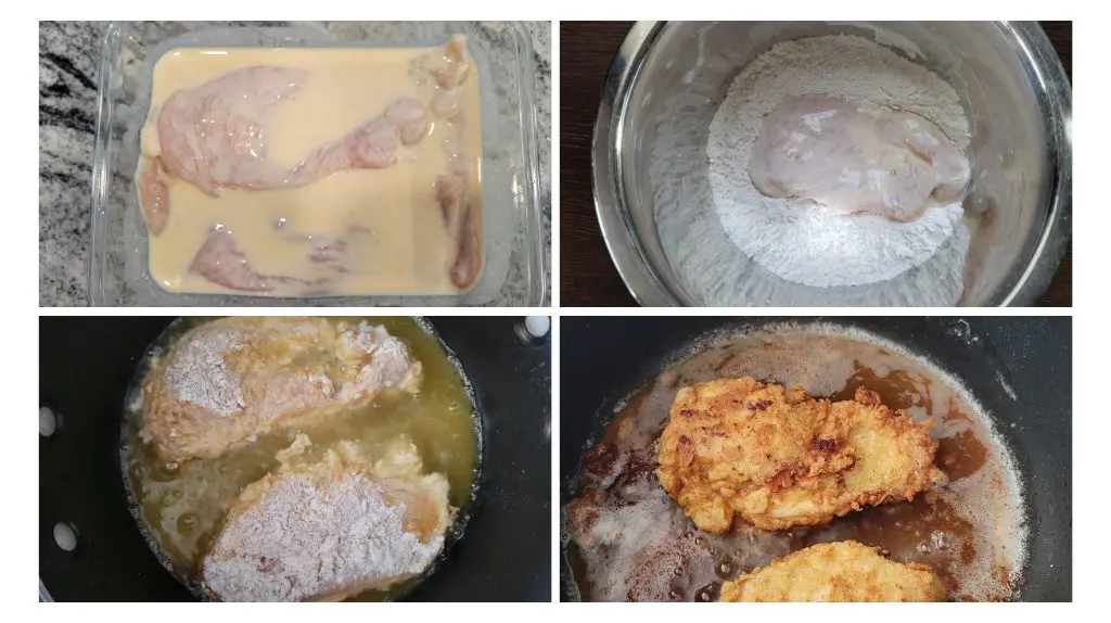 Refrigerate the chicken in a buttermilk marinade, then coat in seasoned flour. Finally deep fry the chicken breasts in hot oil and serve as shown in this photo.