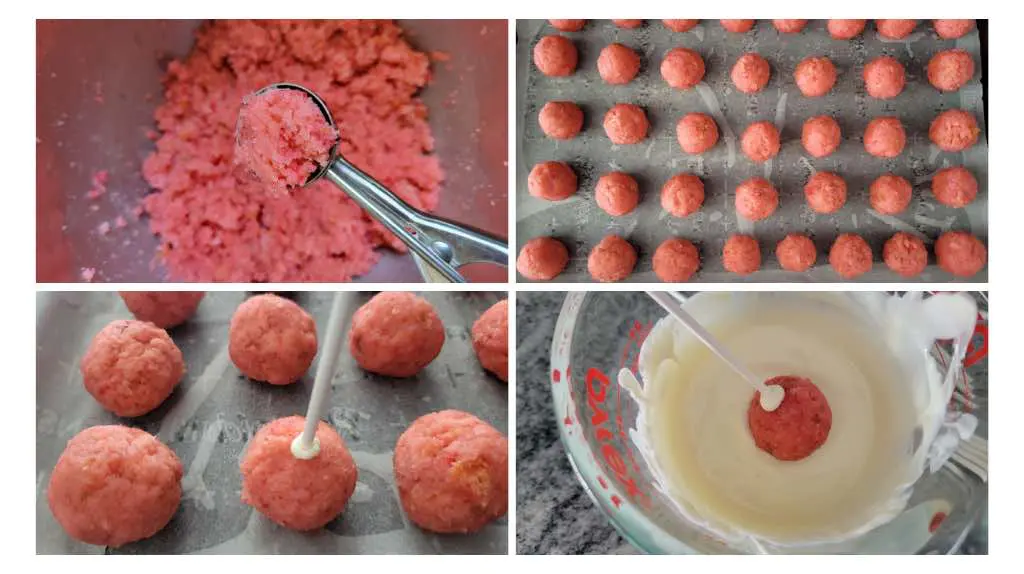 Roll the cake balls into 1 tbsp sized balls and dip them into white candy melts as shown in this photo.