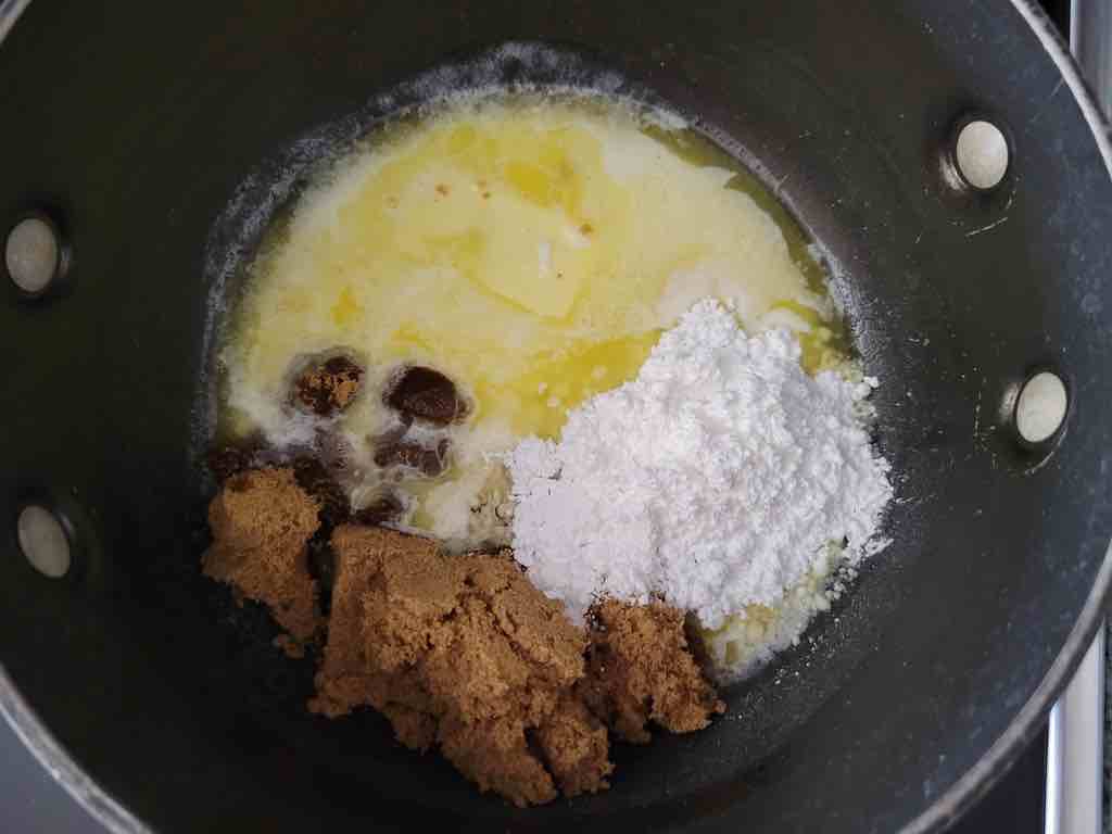 Add the ingredients to the pan and mix well until the glaze has thickened as shown in this photo.